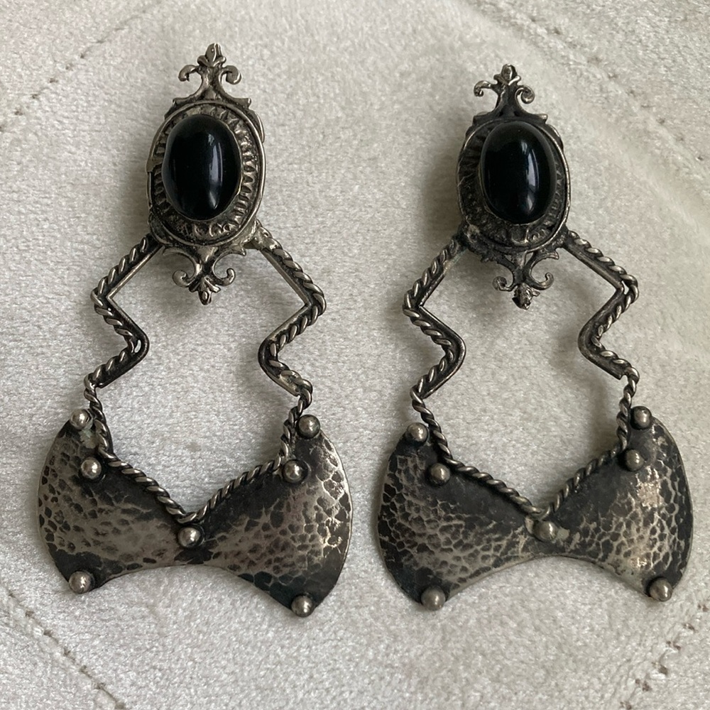 Brutalist Modernist Chunky Clip on Metal Earrings with Onyx Stone